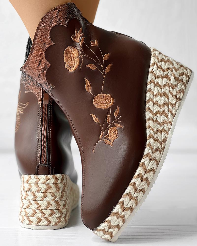 

Snakeskin Floral Embroidery Espadrilles Platform Ankle Boots, Brown