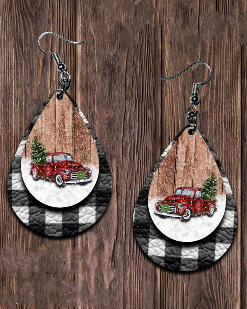 

1Pair Christmas Plaid Car Graphic Water Drop Earrings, Black