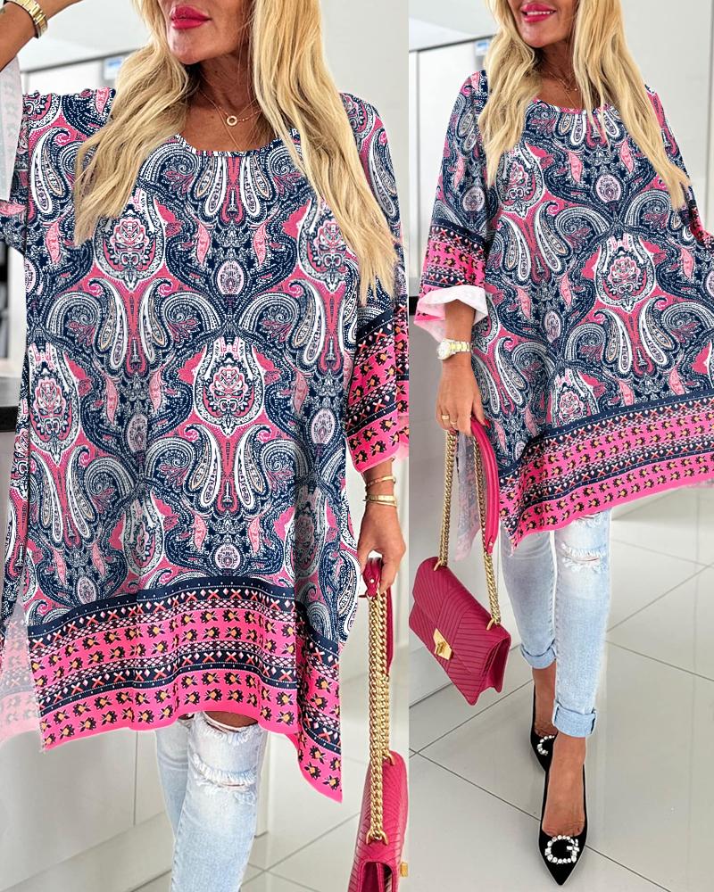 

Paisley Tribal Print Round Neck Slit Top, Hot pink