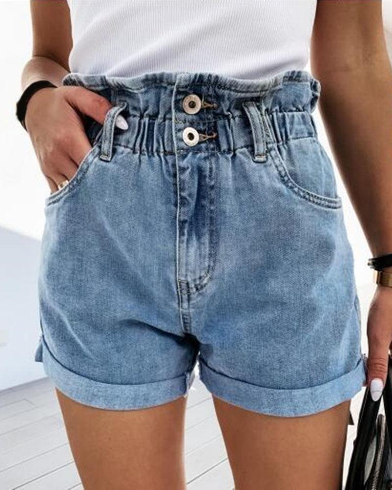 

Ruffles High Waisted Casual Denim Jean Shorts, Blue