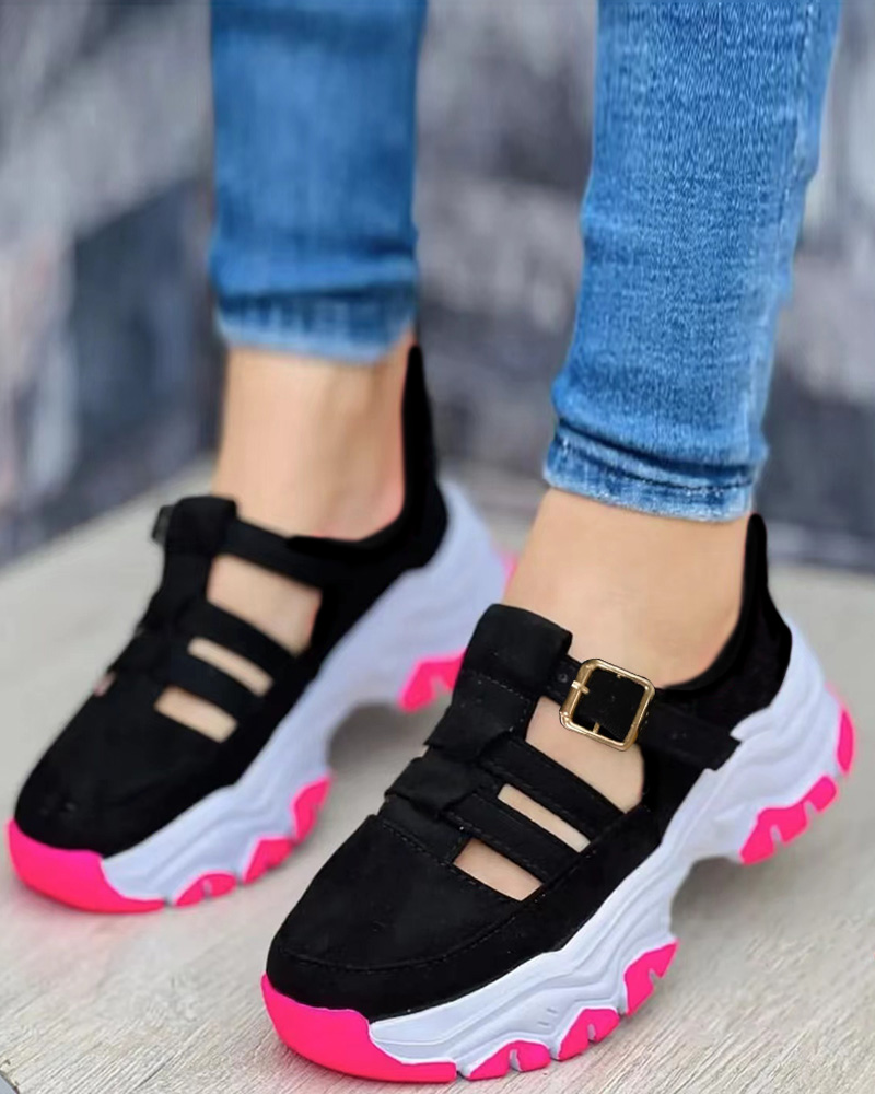 

Hollow Out Buckled Breathable Sneakers, Black&rose red