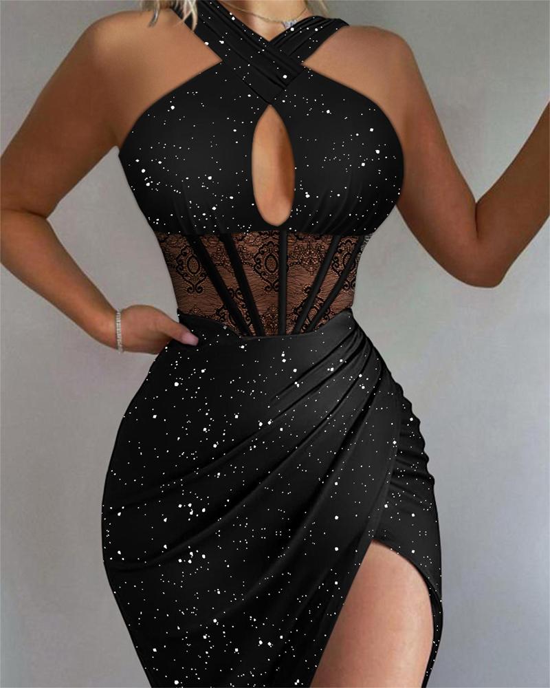 

Glitter Ruched High Slit Contrast Lace Corset Dress, Black