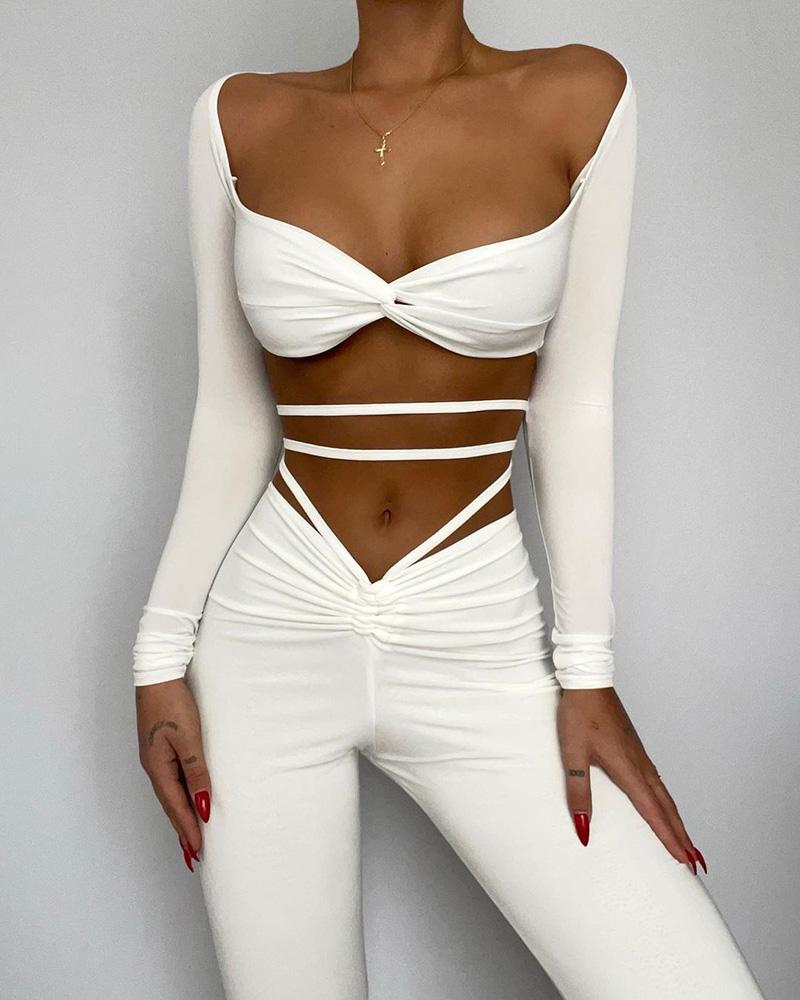 

Twisted Ruched Crop Top & Cutout Pants Set, White