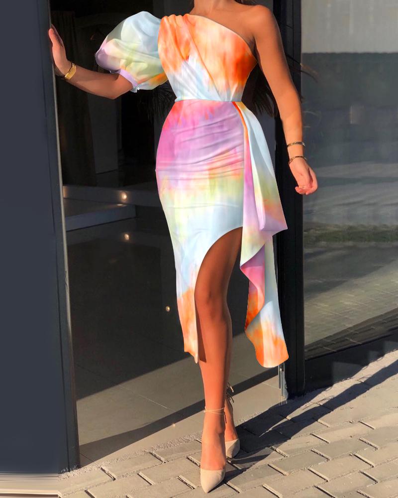 

Tie Dye One Shoulder Puff Sleeve Split Thigh Bodycon Dress, Multicolor