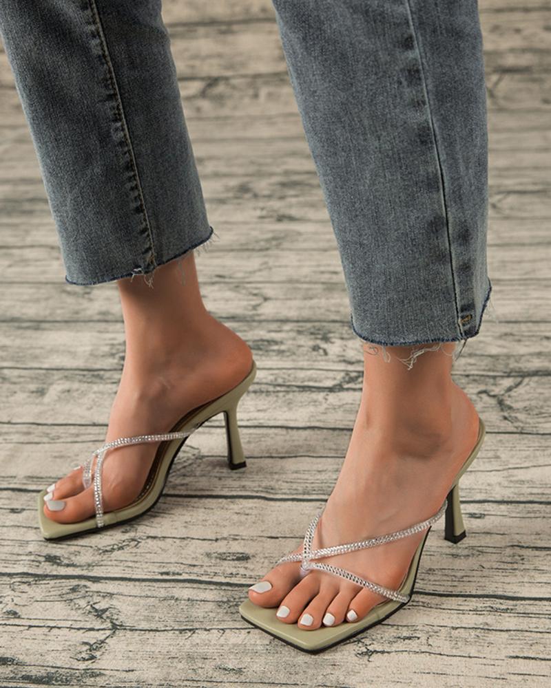 

Square-toe Glitter Strap Toe Post Heel Sandals, Green