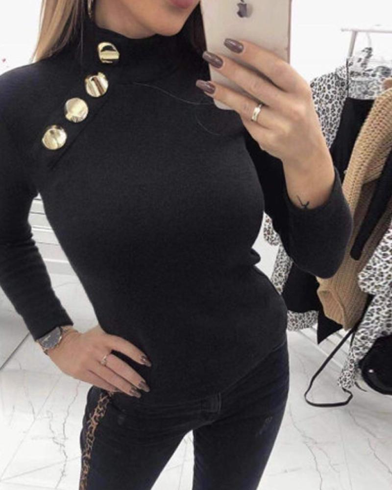 

Solid Decorative Button Knit Top, Black