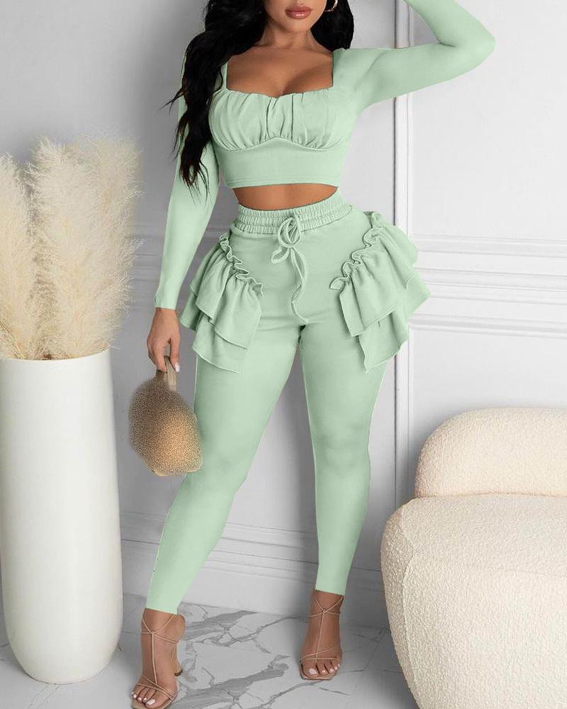 

Ruched Crop Top & Ruffles Frill Hem Pants Sets, Green