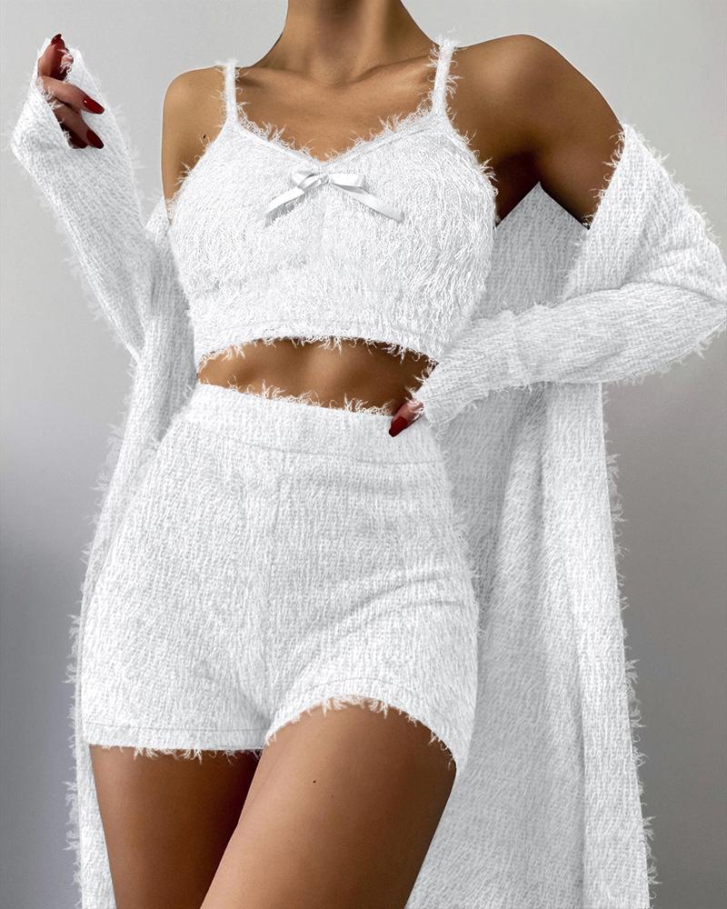 

3PCS Bow Decor Fluffy Pajamas Set With Longline Coat, White