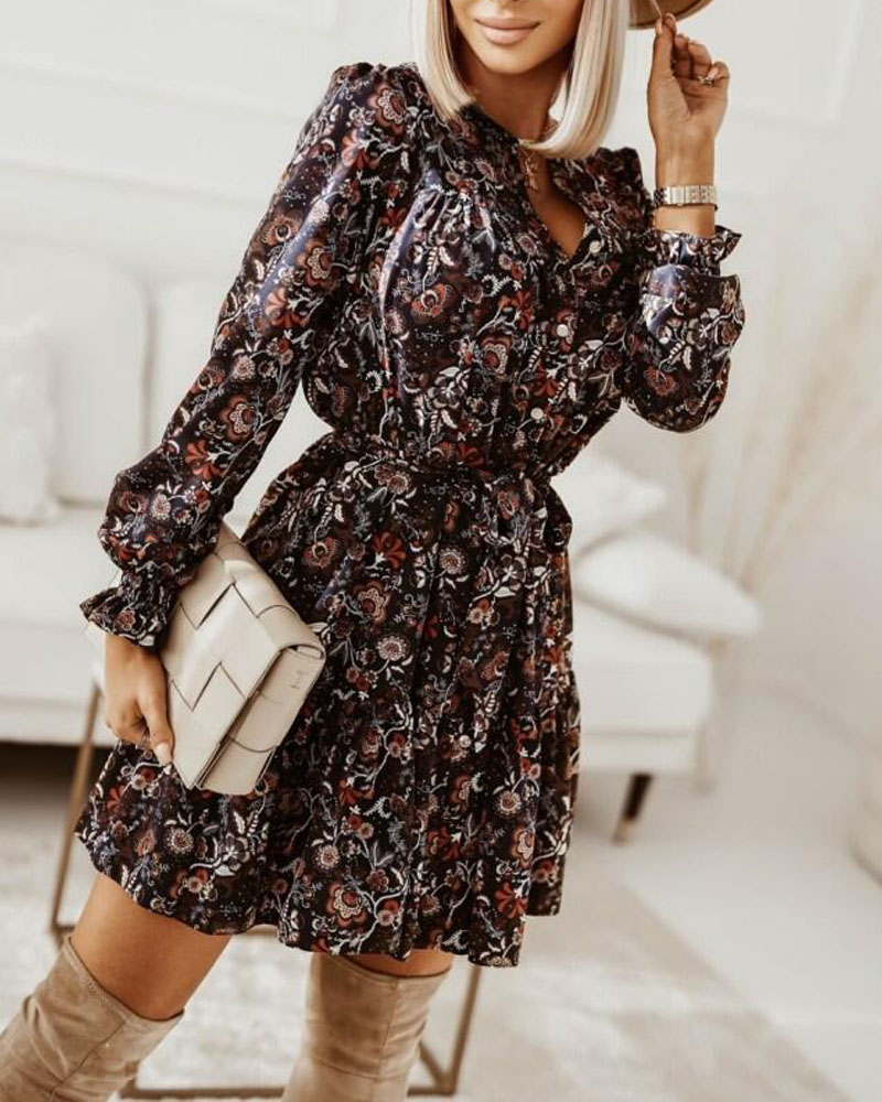 

Floral Print Button Front Belted Casual Dress, Black