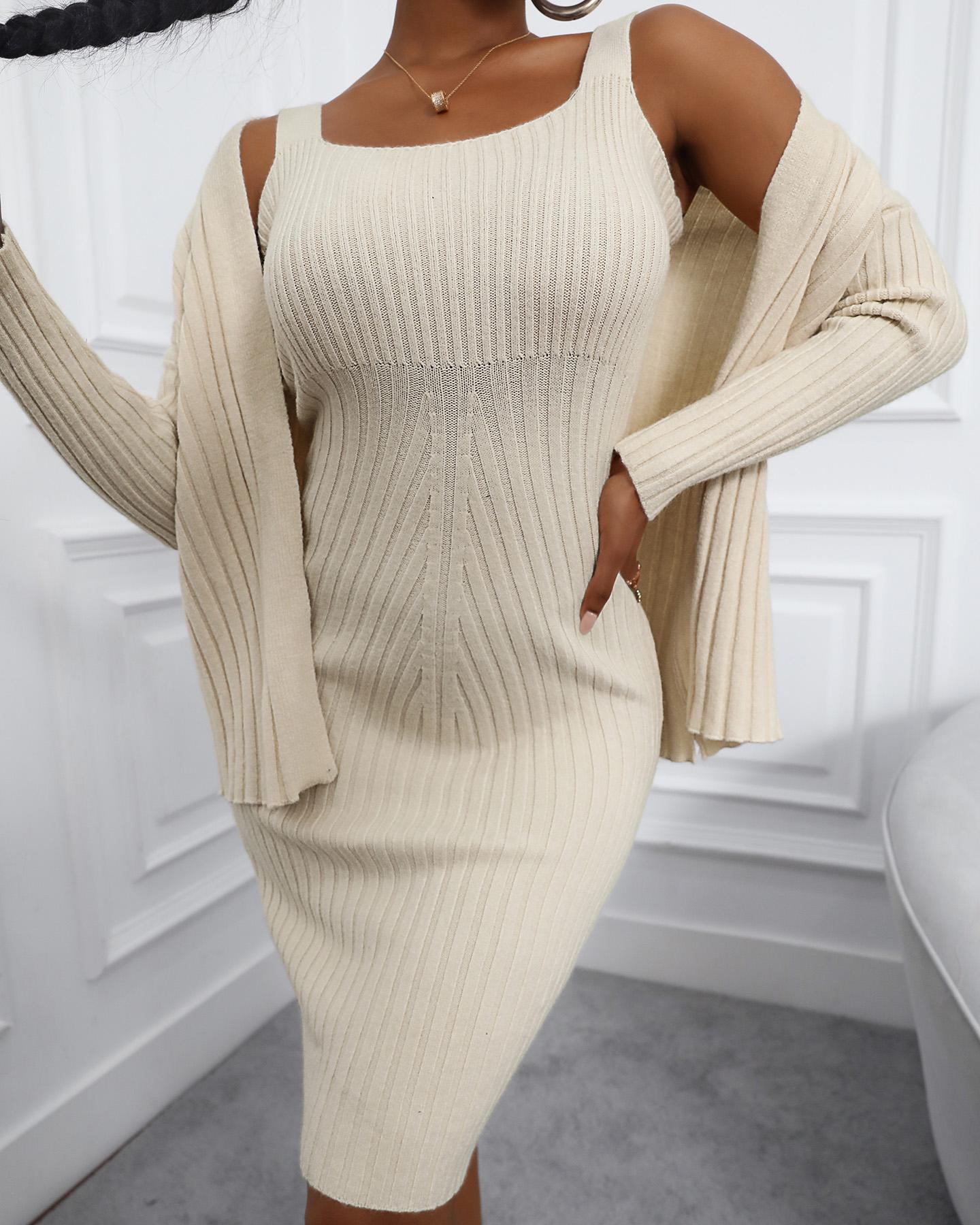 

Solid Knit Maxi Dress & Long Sleeve Cardigan Set, Beige