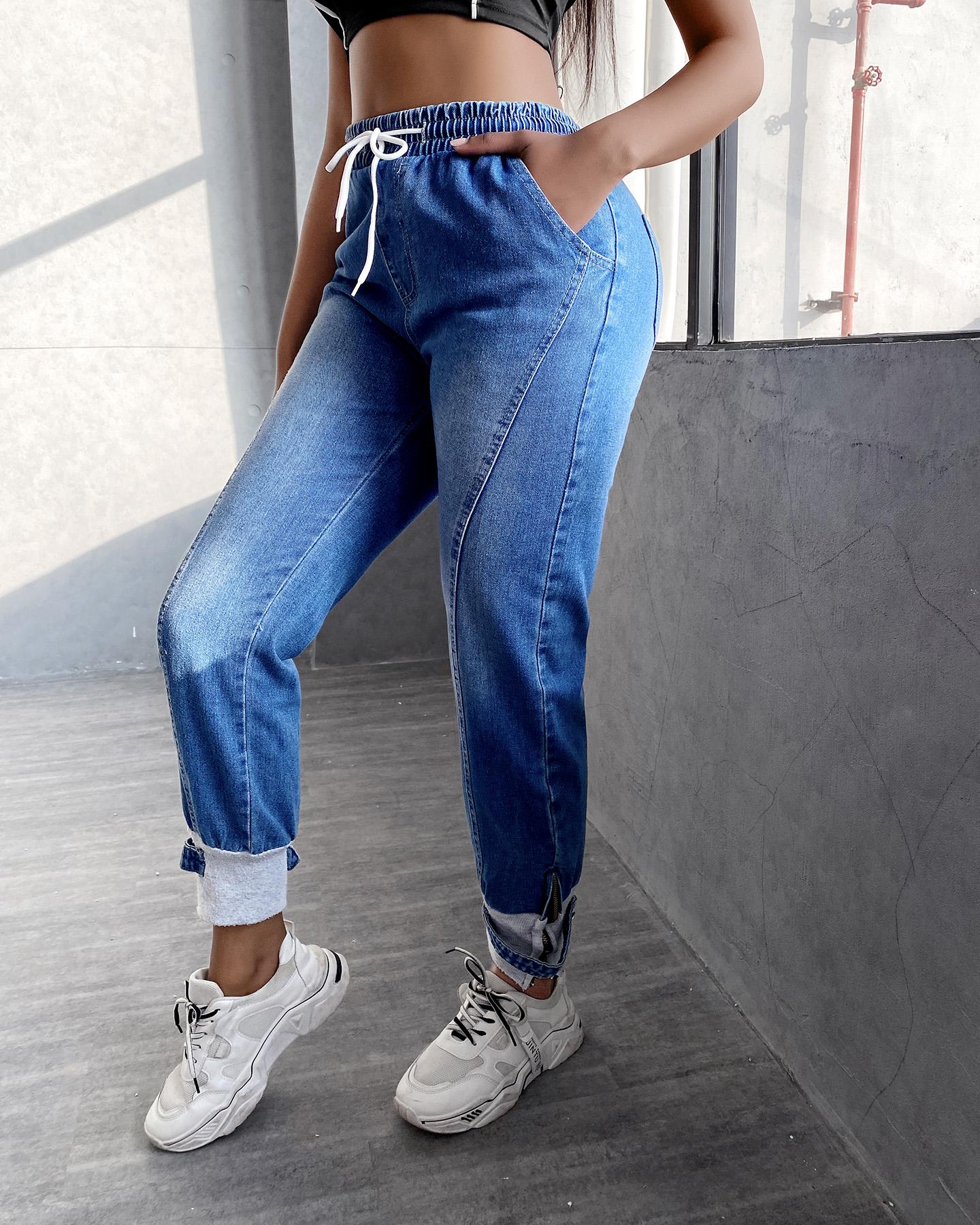 

Pocket Design Drawstring Waist Jeans, Light blue