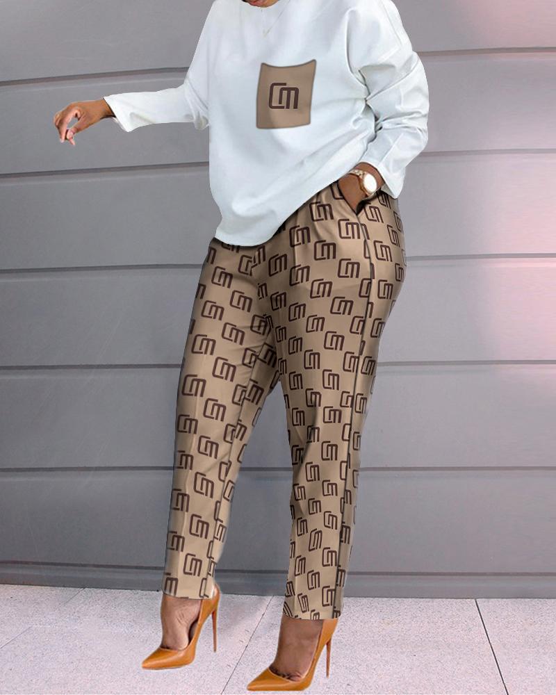 

ChicMe Letter Print Long Sleeve Top & Pants Set, White