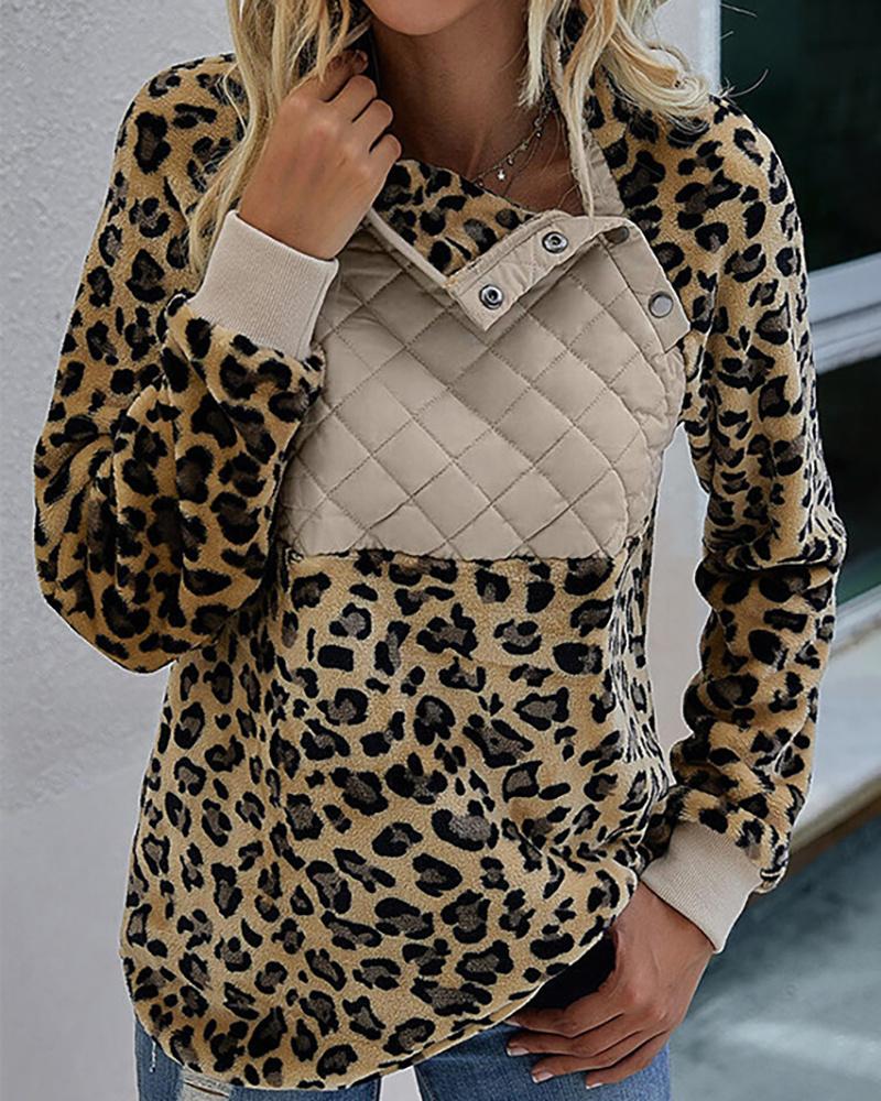 

Leopard Print Quilted Button Design Long Sleeve Top, Yellow