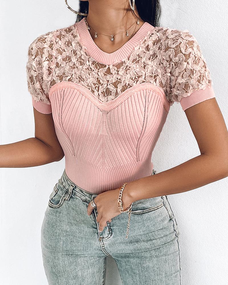 

V-Neck Lace Patch Short Sleeve Knit Sweater, Pink