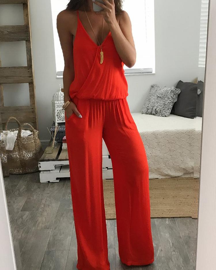 

Low Cut Ruched Elastic Waist Wide Leg Wrap Jumpsuit, Red