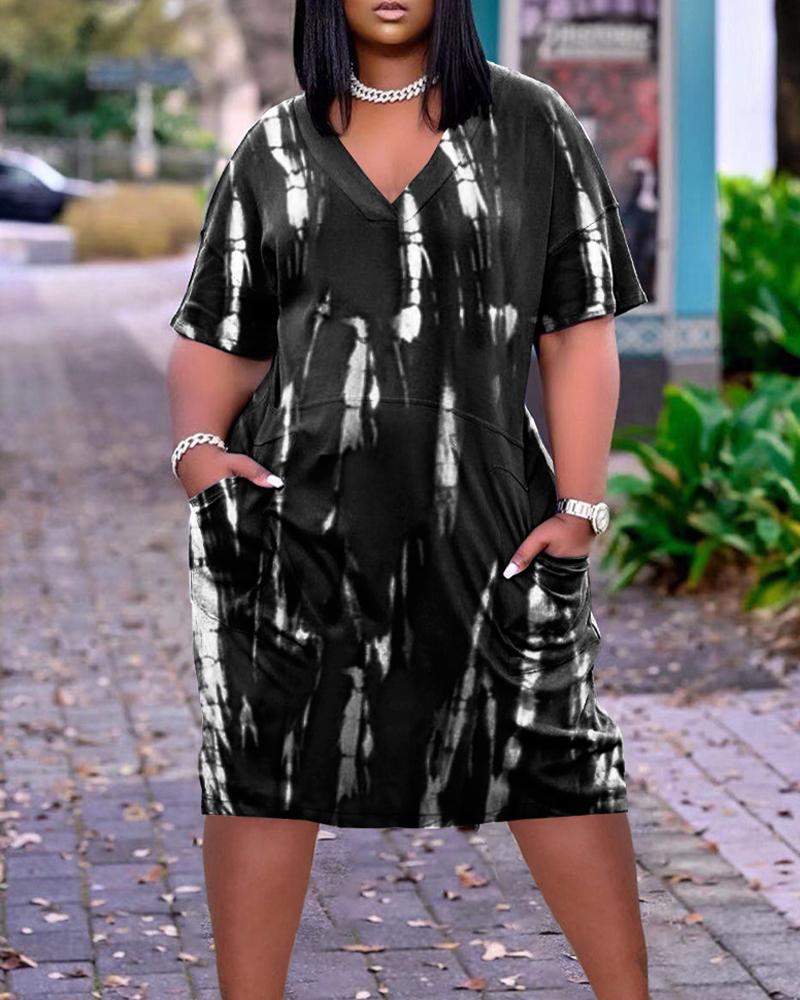 

Plus Size Tie Dye Print Pocket Detail Casual Dress, Black