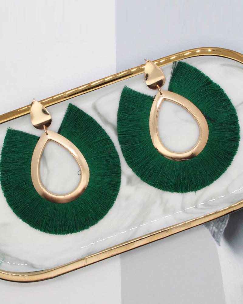 

1Pair Bohemian Tassel Design Hollow Waterdrop Hoop Earrings, Green