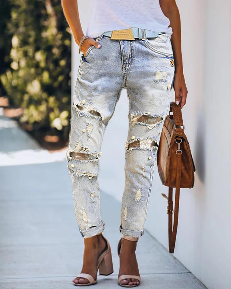 

Ladder Cutout Beaded Lace Ripped Jeans, Light blue