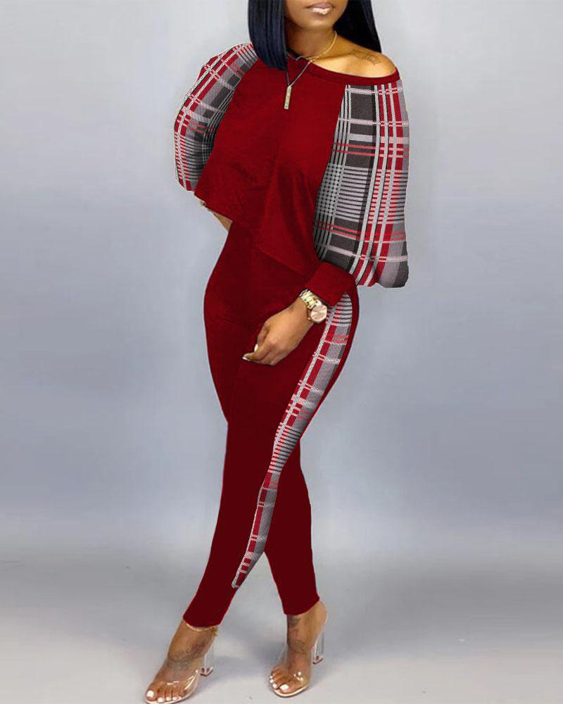 

Plaid Print Long Sleeve Top & Pants Set, Wine red