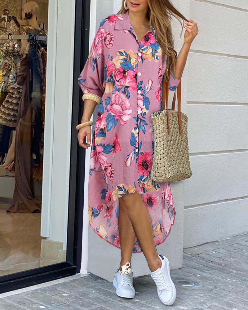 

All Over Print Long Sleeve Shirt Asymmetrical Dress, Pink