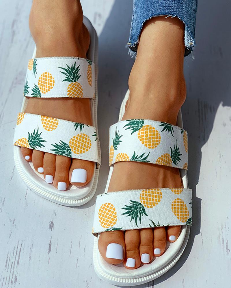 

Open Toe Pineapple Pattern Flat Sandals, White