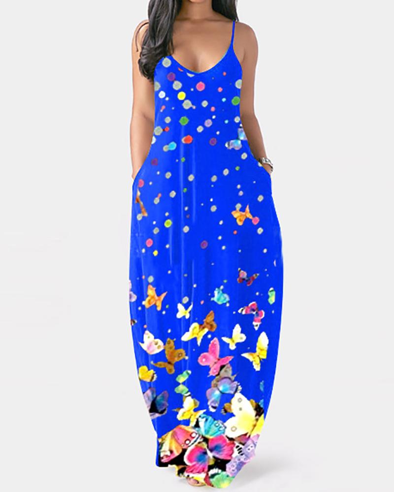 

Butterfly Print Colorblock Pocket Design Maxi Dress, Dark blue