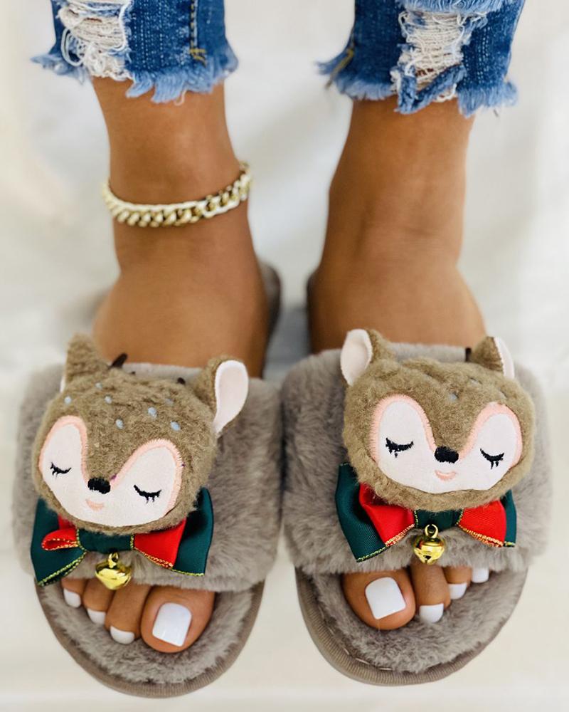 

Christmas Cartoon Pattern Bowknot Bell Decor Slippers, Khaki