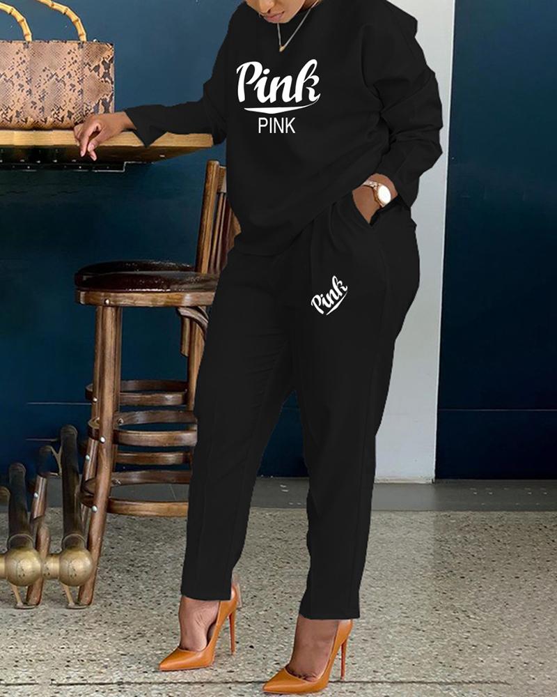

Letter Print Long Sleeve Top & Pocket Design Pants Set, Black