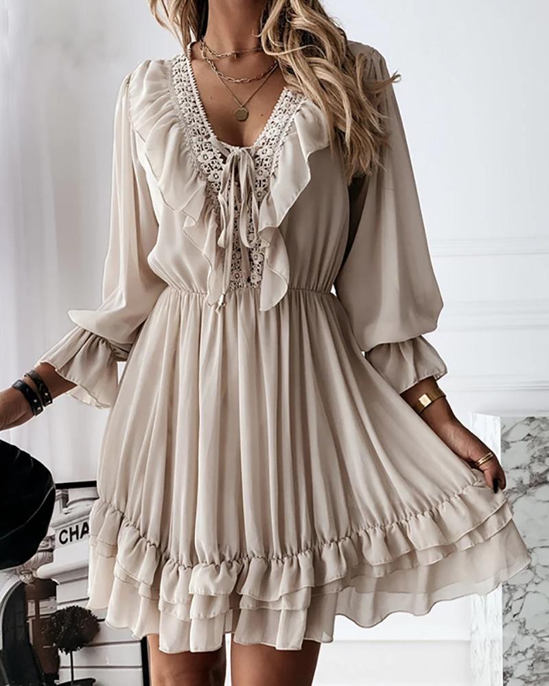 

Lace Patch Ruffles Lantern Sleeve Tied Detail Dress, Apricot