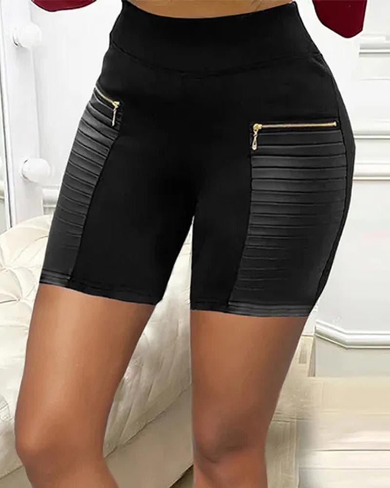 

Contrast PU Zipper Detail High Waist Shorts, Black