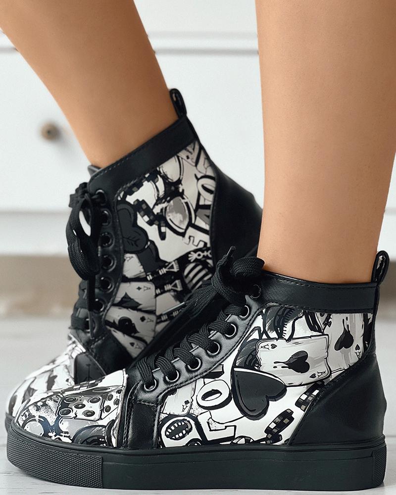 

Lace-up Painted Canvas Ankle Boots, Black