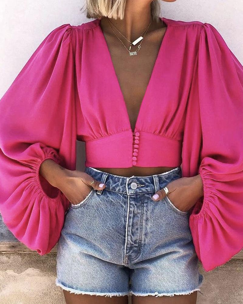 

Plunge Ruched Lantern Sleeve Buttoned Top, Hot pink