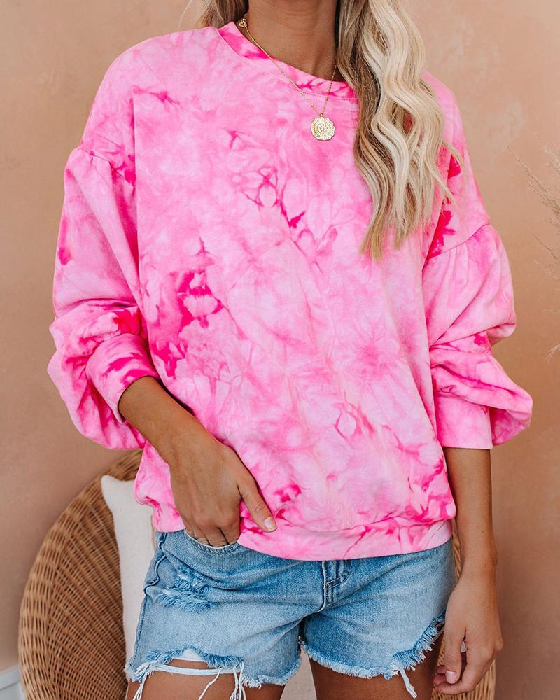 

Tie Dye Print Lantern Sleeve Loose Top, Pink