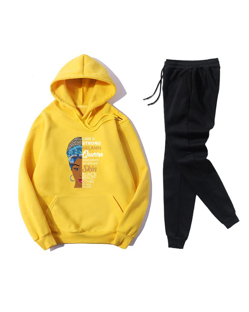 

Face Print Long Sleeve Hooded Loose Sweatshirts Suit Sets, Yellow