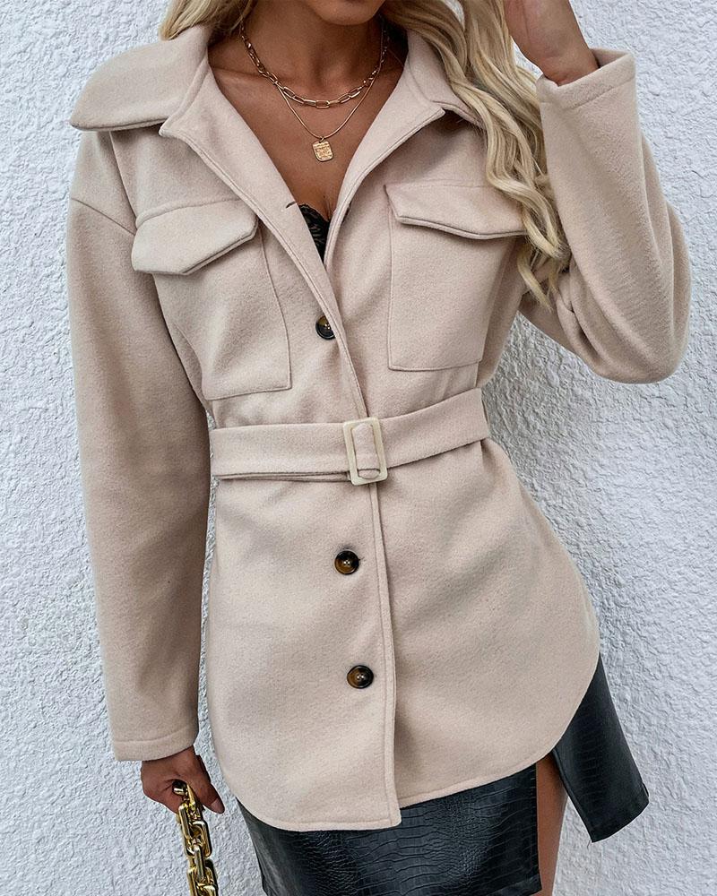 

Long Sleeve Flap Detail Button Down Belted Shacket, Apricot