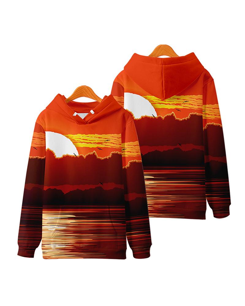 

Scenery Cartoon Print Long Sleeve Loose Hooded Sweatshirts, Style2