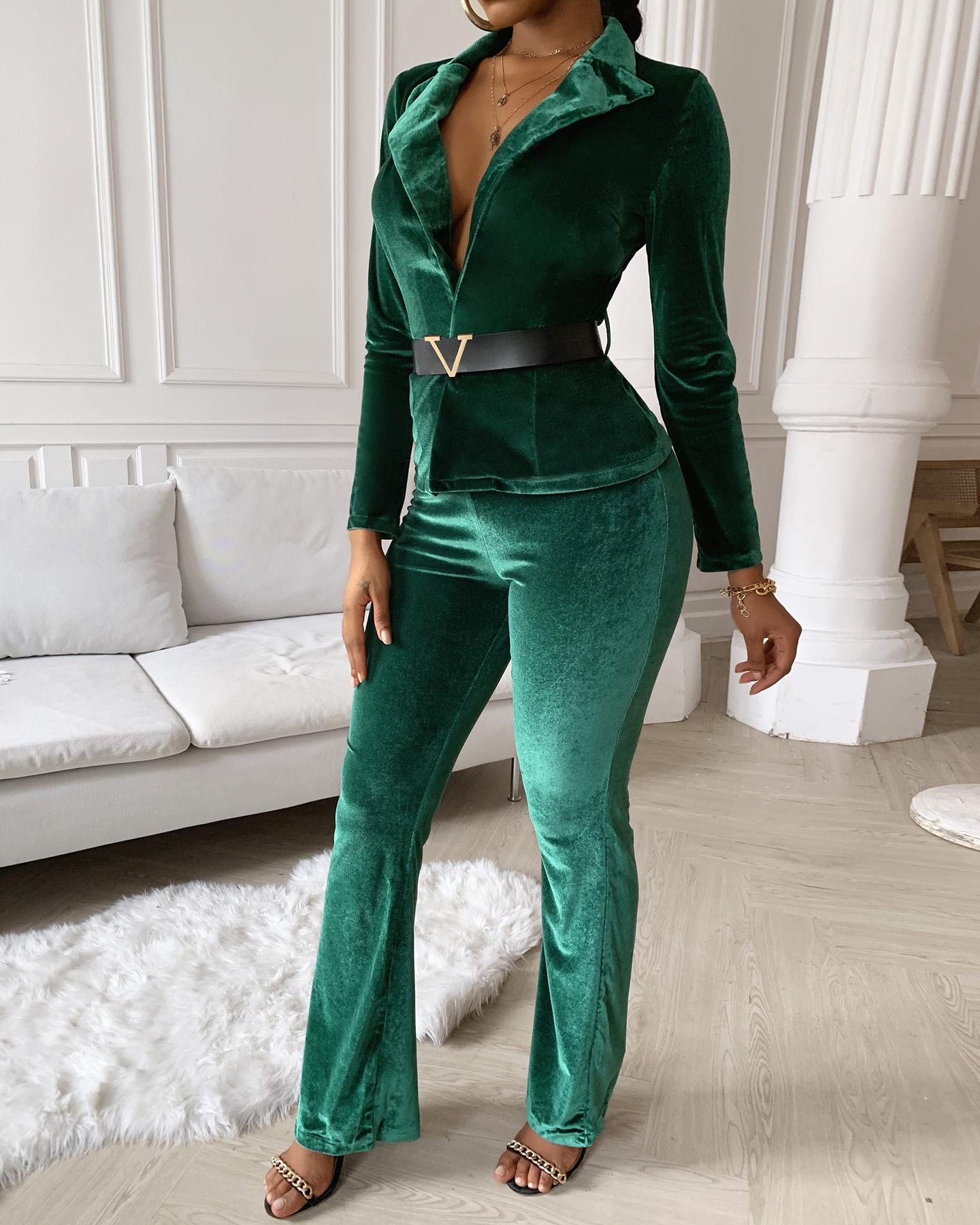 

Velvet Plunge Long Sleeve Top & Pants Set, Green
