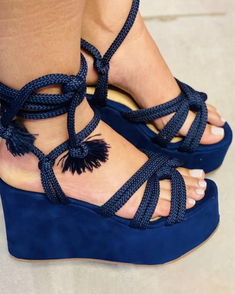 

Knotted Crisscross Slingback Wedge Sandals, Blue