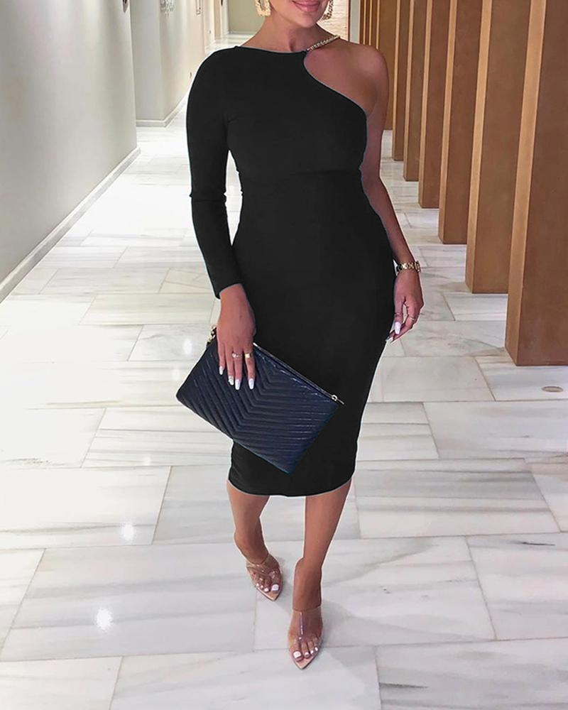 

One Shoulder Chain Strap Long Sleeve Party Dress, Black
