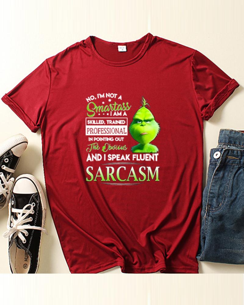 

Christmas Letter Grinch Print T-shirt, Wine red