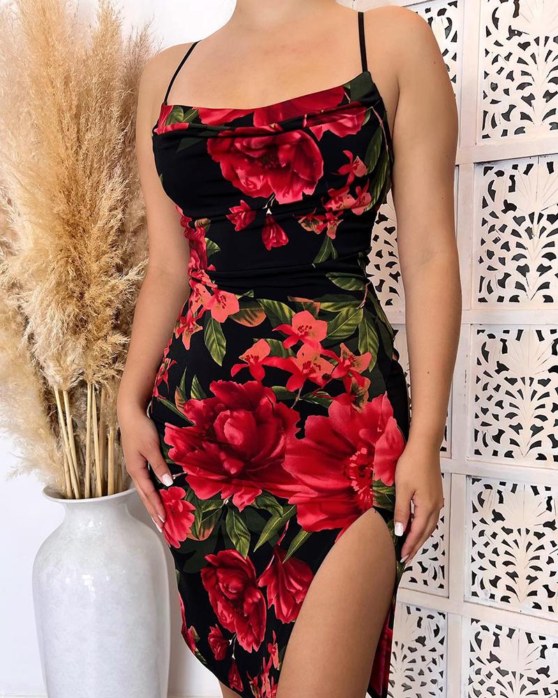 

Floral Print Slit Spaghetti Strap Bodycon Dress, Red