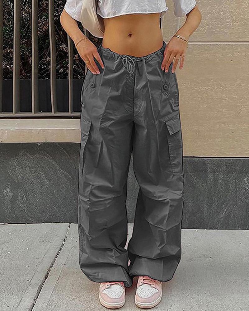 

Pocket Detail Drawstring Low Waist Cargo Pants, Dark grey