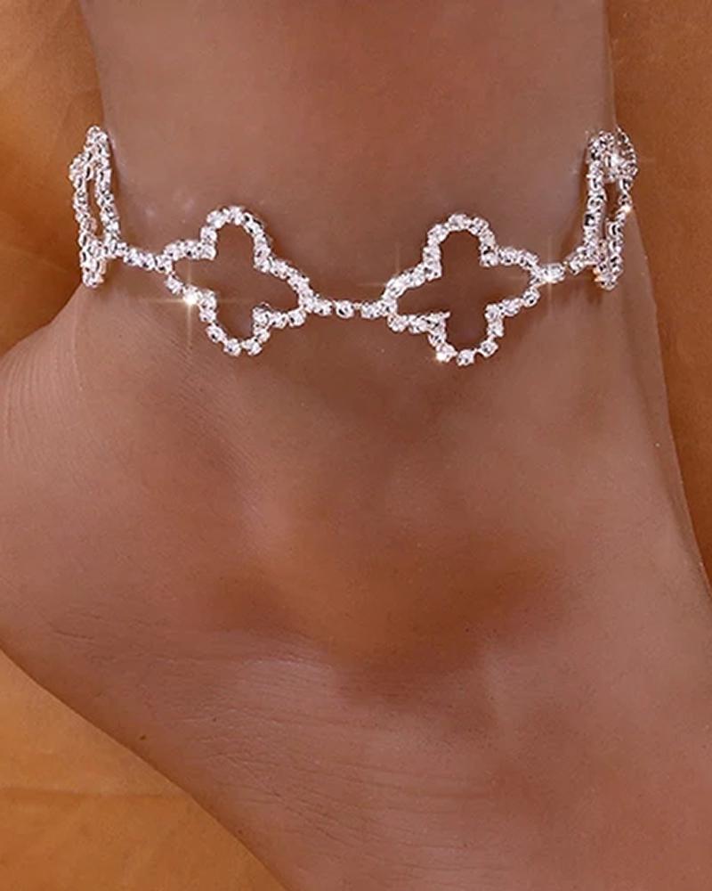 

1pcs Hollow-Out Floral Shaped Rhinestone Chain Anklet, Silver