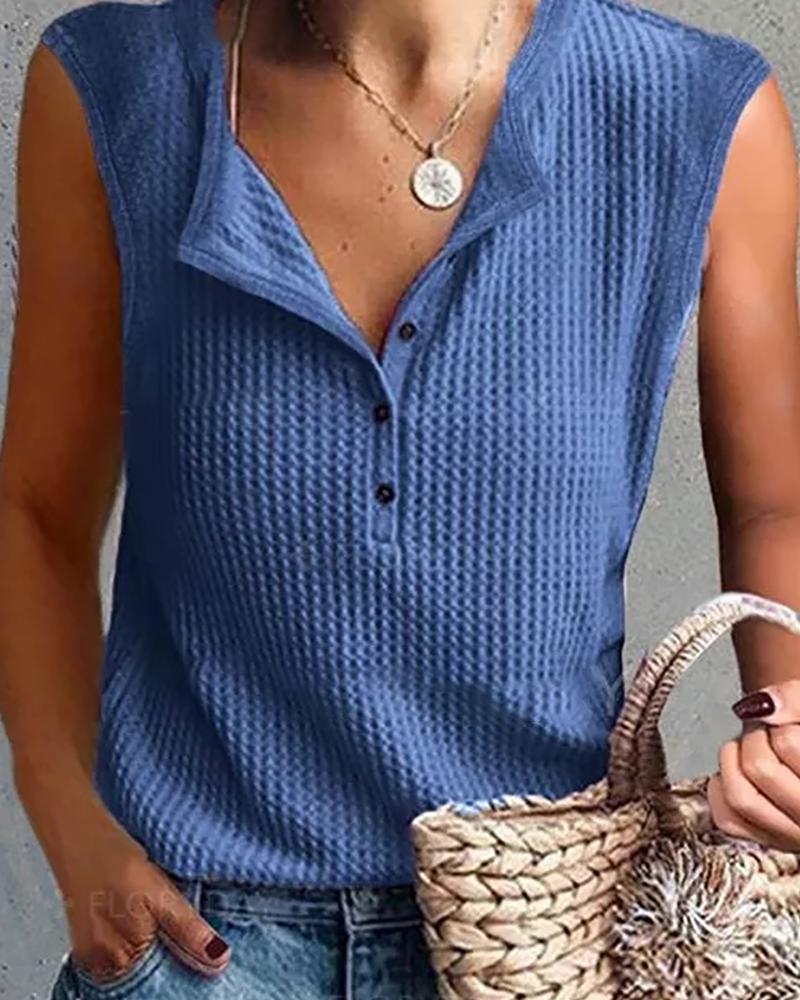 

Button Design Plain Sleeveless Top, Blue