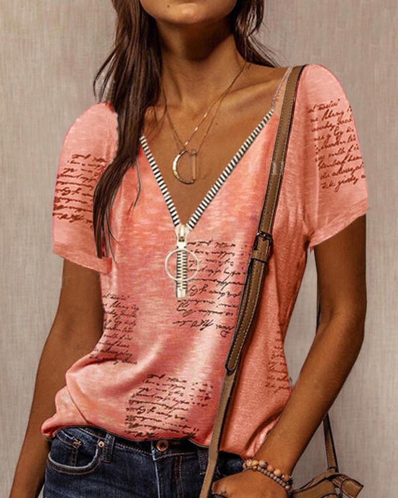 

Letter Printed Front Zipper Casual Fashion T-shirt V Neck Short Sleeve Loose Tops, Orange