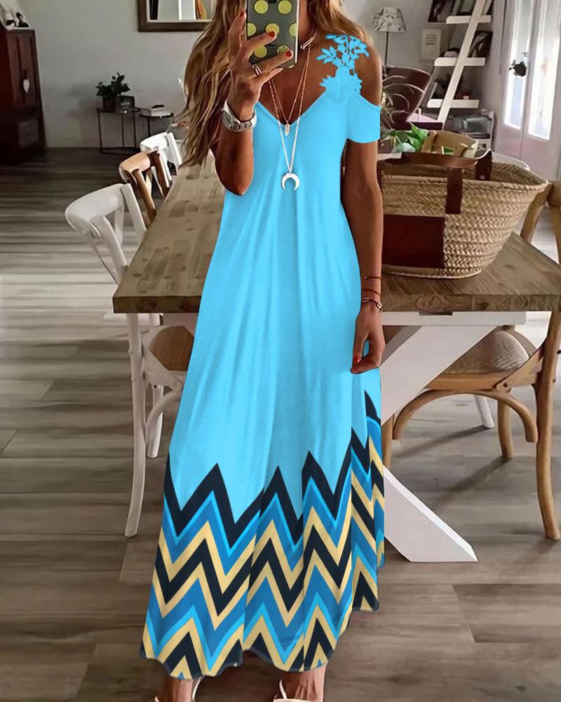 

Chevron Print Contrast Lace Cold Shoulder Maxi Dress, Blue