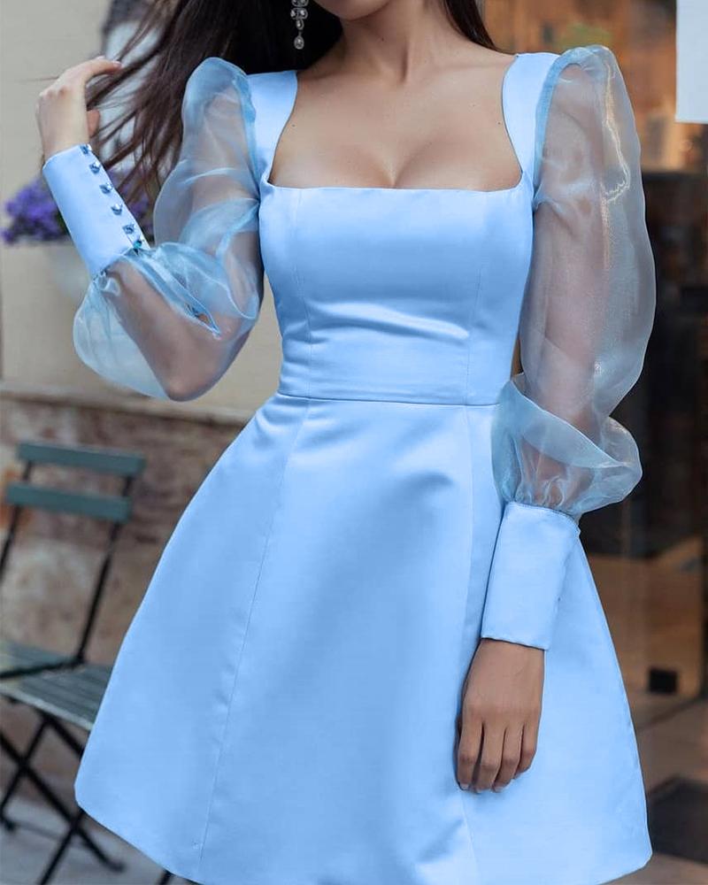 

Puff Lantern Sleeve Sheer Mesh Party Dress, Blue
