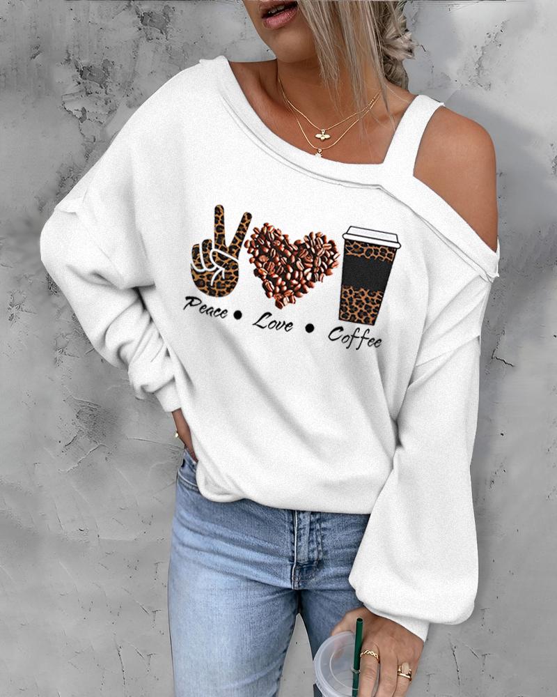 

Heart Peace Love Coffee Leopard Graphic Print Cold Shoulder Top, White