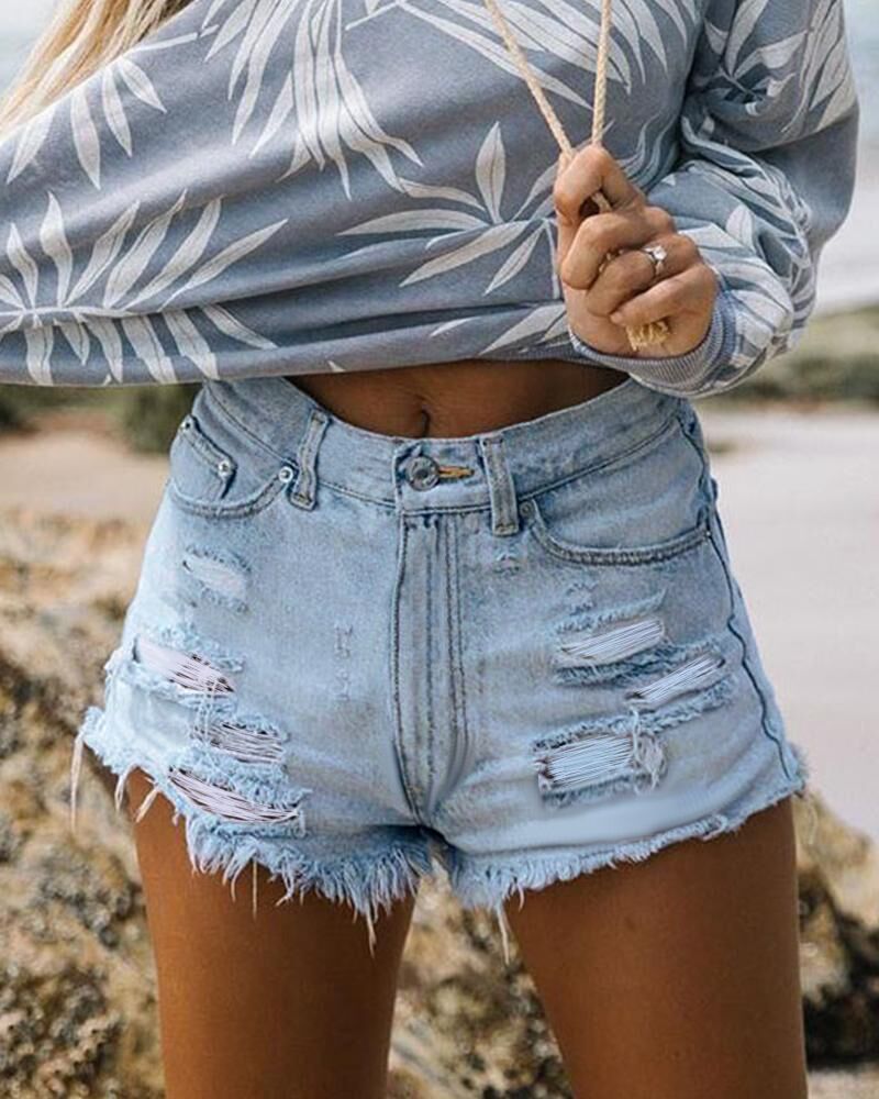 

Distressed Denim Shorts, Blue