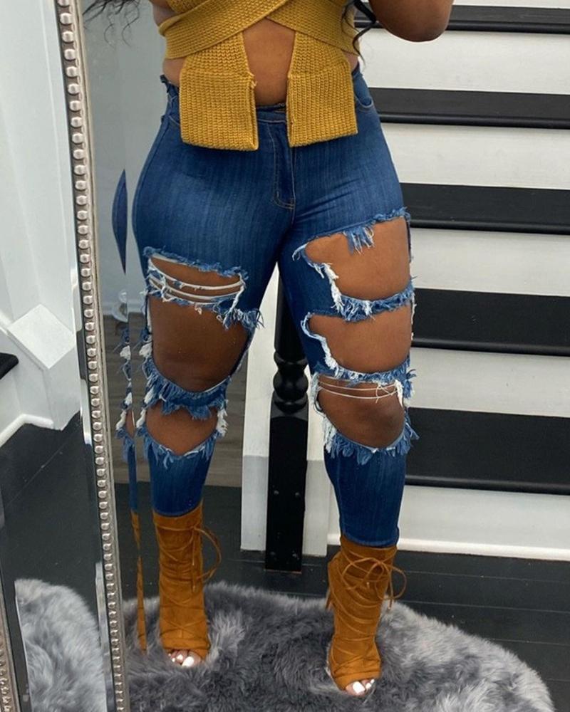 

Ripped Cutout High Waist Jeans, Dark blue